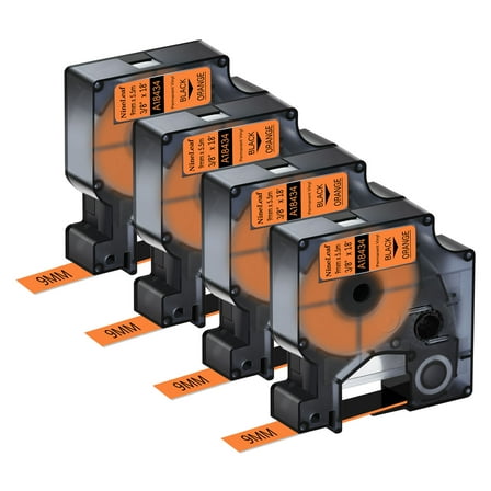 NineLeaf 4PK Compatible for DYMO 18434 3/8" x 18' (9mm x 5.5m) Black on Orange Industrial Vinyl Label Maker Tape for Rhino 4200 5200 Label Maker