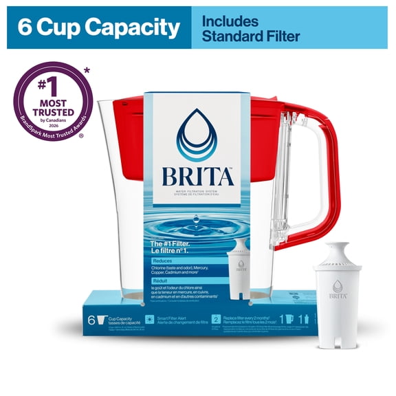 Brita Small 6 Cup Water Filter Pitcher with 1 Brita Standard Filter, Made Without BPA, Denali, Red