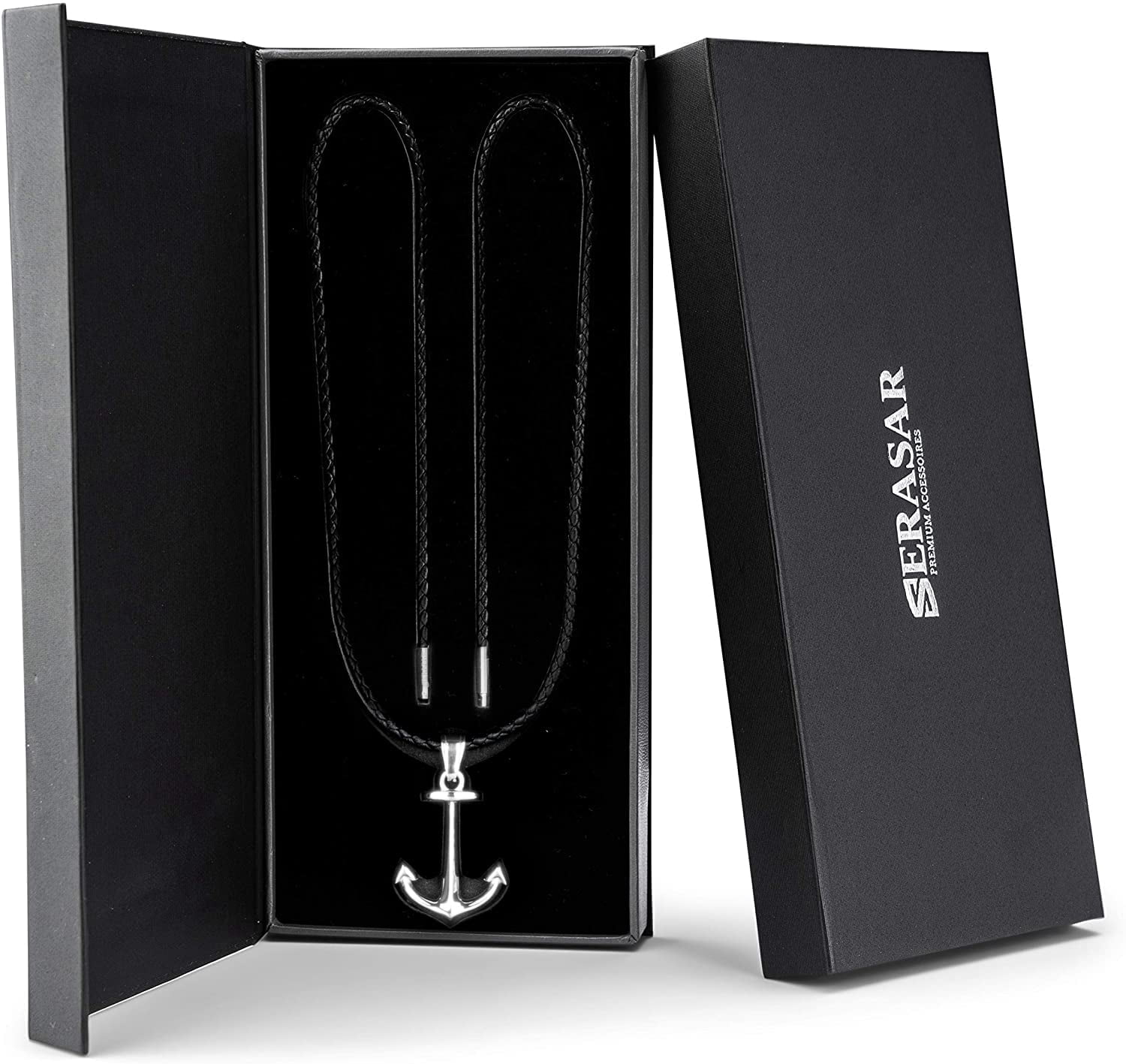 SERASAR Leather Necklace for Men "Anchor" with Stainless steel Pendant and Magnetic Closure, Silver 60cm, incliding Gift box