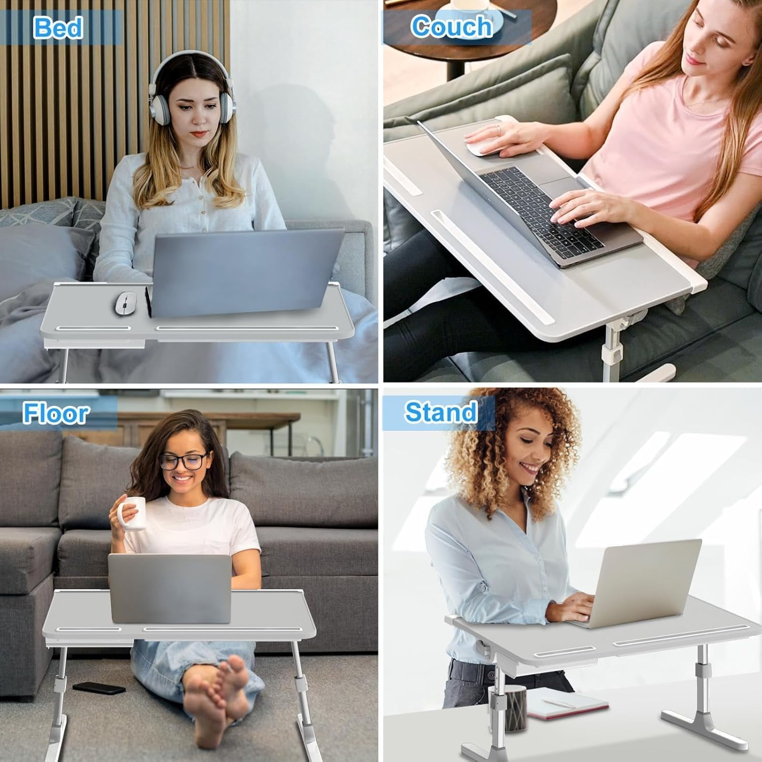 Laptop Bed Desk, X-Large Leather Adjustable Computer Bed Table Tray, Foldable Laptop Lap Desk for Bed Sofa Couch Floor Writing Eating Working with Drawer 2 Movable Stoppers (23.6 inch, Grey)