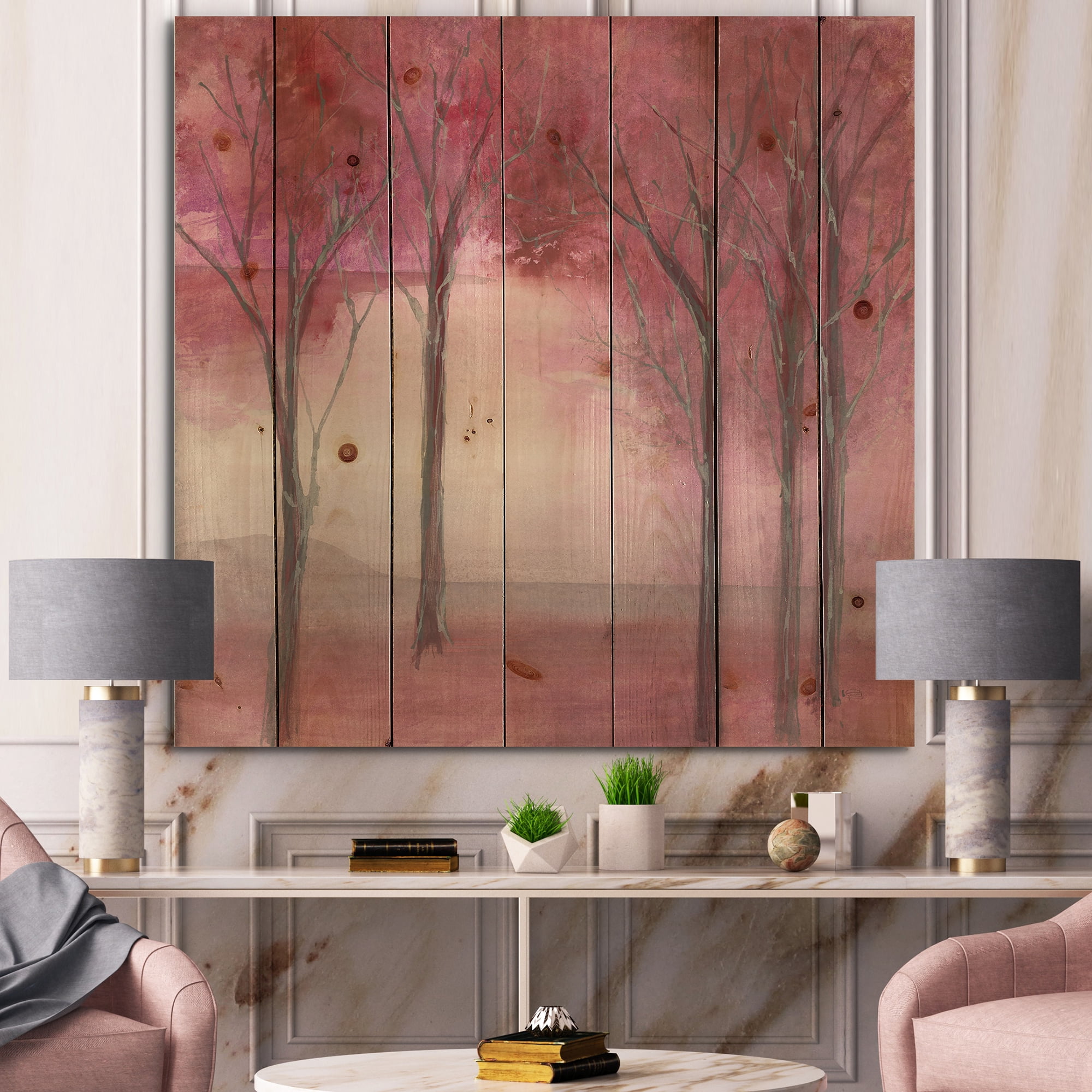 Designart 'Shabby Pink Under the Trees' Shabby Chic Print on Natural Pine Wood