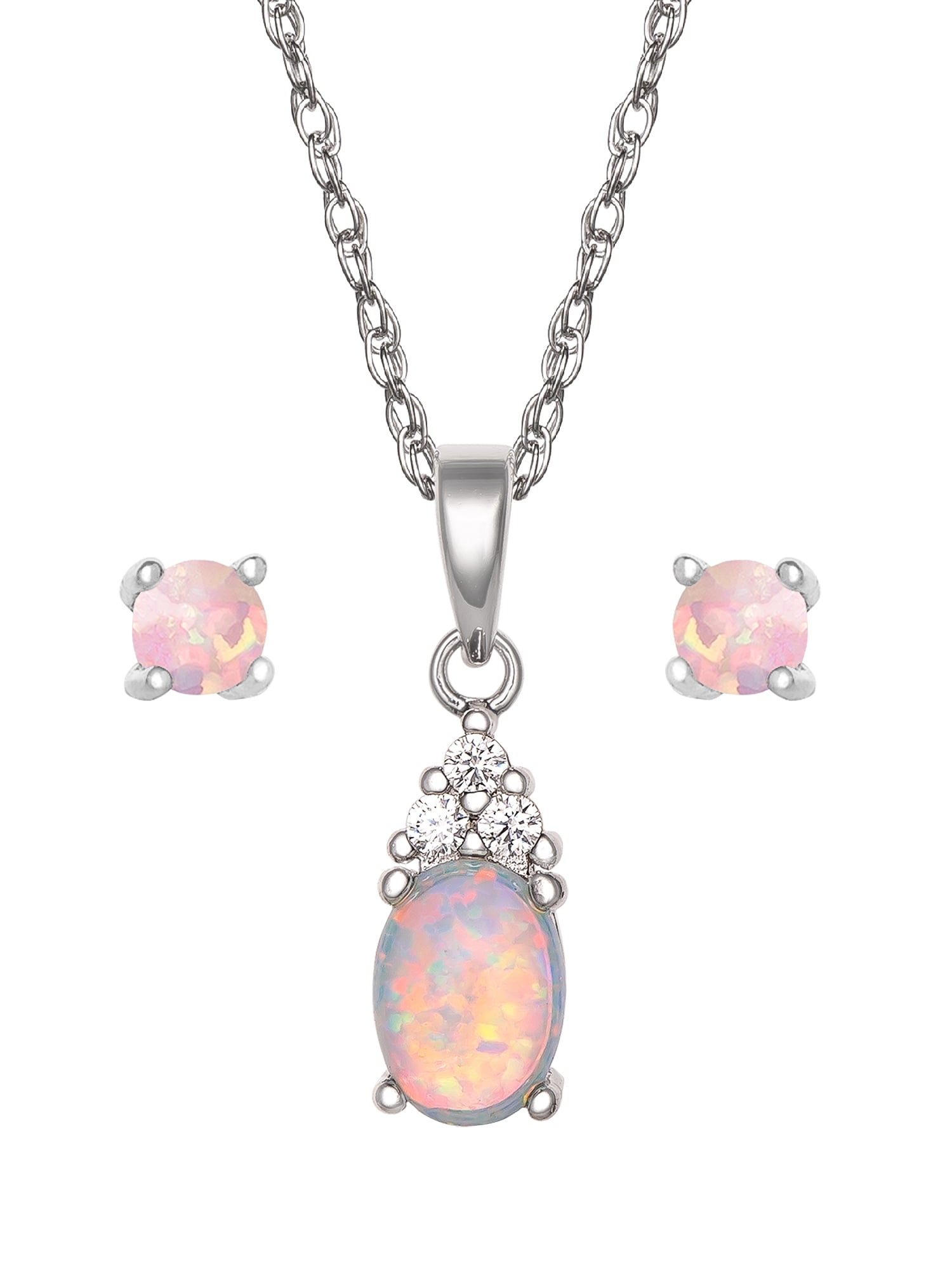 Solid Sterling Silver Rhodium Plated 10 Millimeter Pink Simulated Opal Pendant Necklace