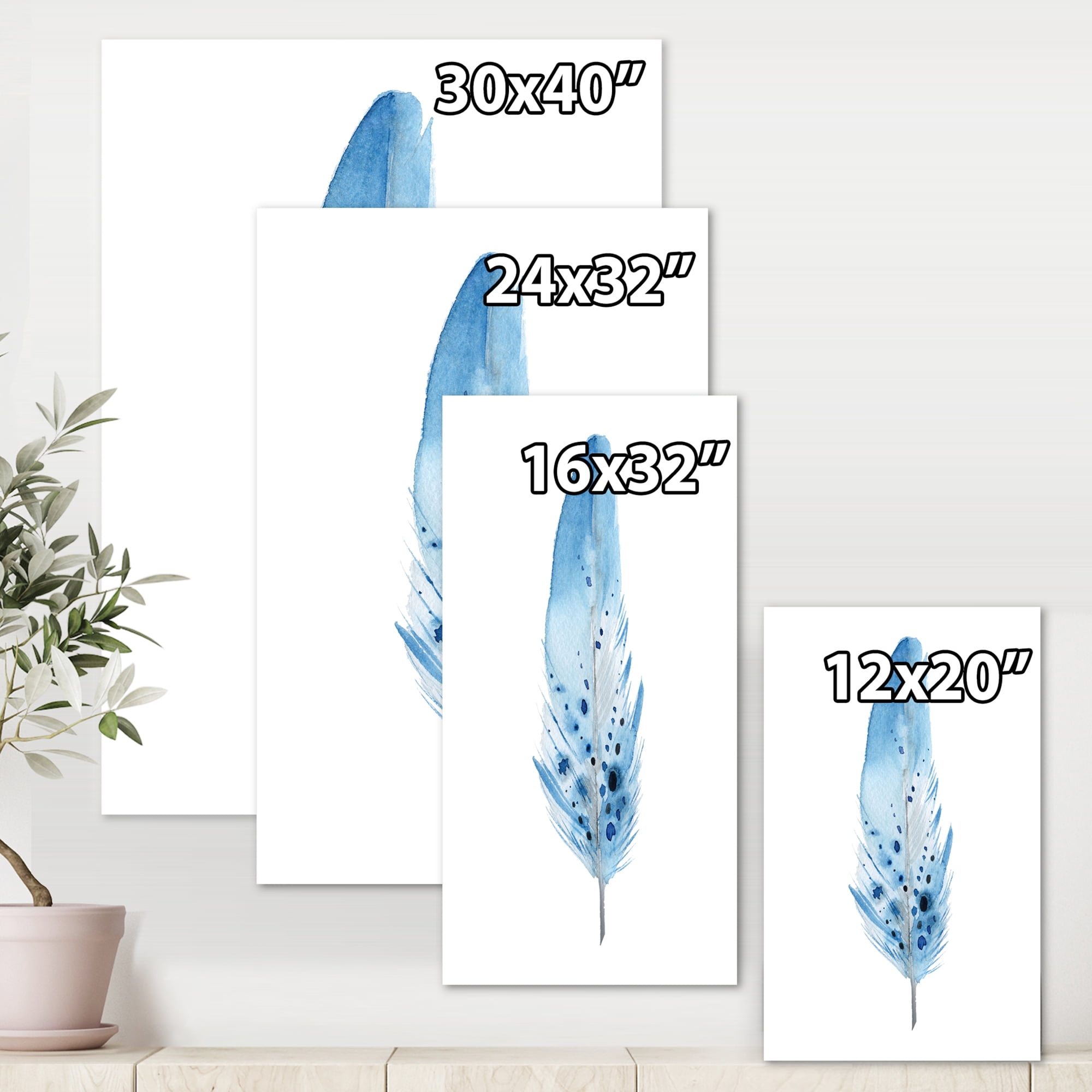 Abstract Blue Boho Feathers 8 in x 12 in Painting Canvas Art Print, by Designart