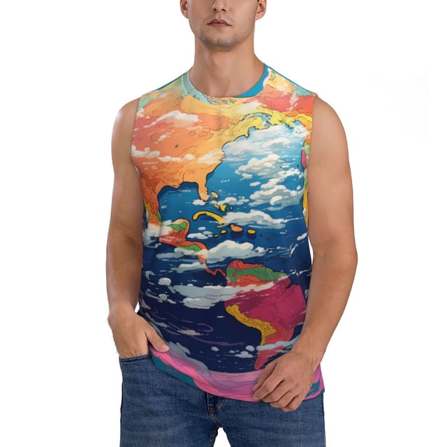 Balery Colorful Whimsical Earth Camisetas sin mangas para hombre, absorbe la humedad y protege contra el mal olor.-Large