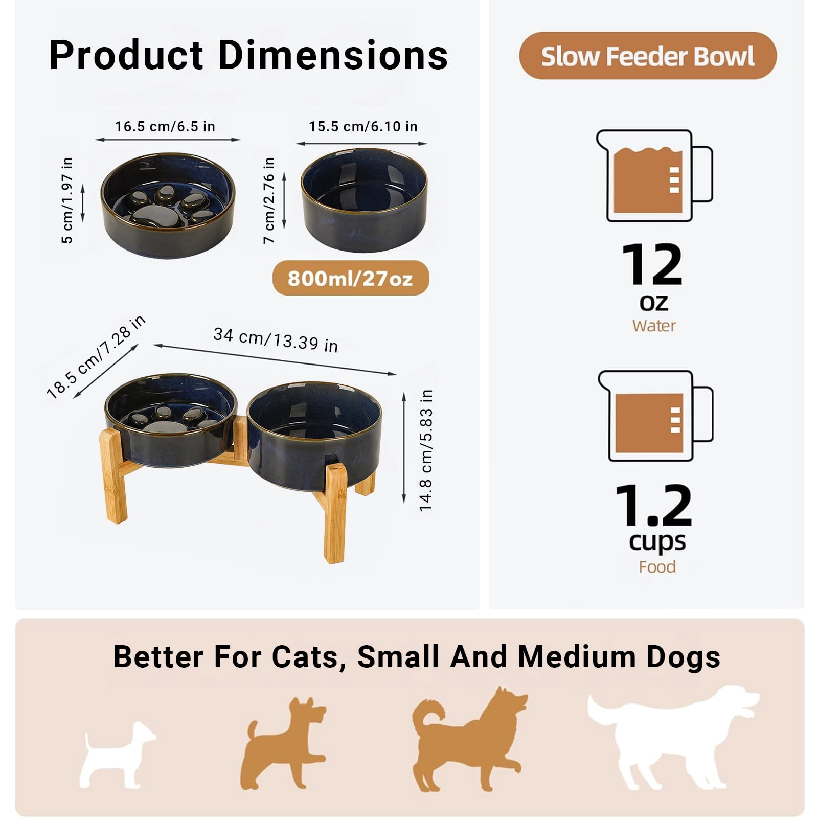 JoyPetto Elevated Slow Feeder & Water Bowl Set, Adjustable Bamboo Stand for Small Dogs & Cats, Ceramic Raised Bowls 27 oz, Dishwasher Safe, Dark Blue