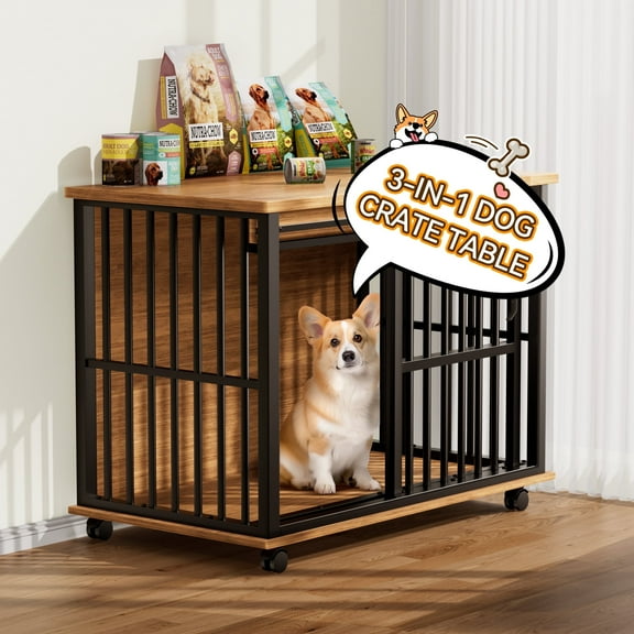 RERIOU 43" Heavy Duty Dog Crate Furniture with Sliding Door, Metal Frame, Wooden Table Style Indoor Kennel for Large Dogs up to 70 lbs, Easy Assembly & Secure Lock
