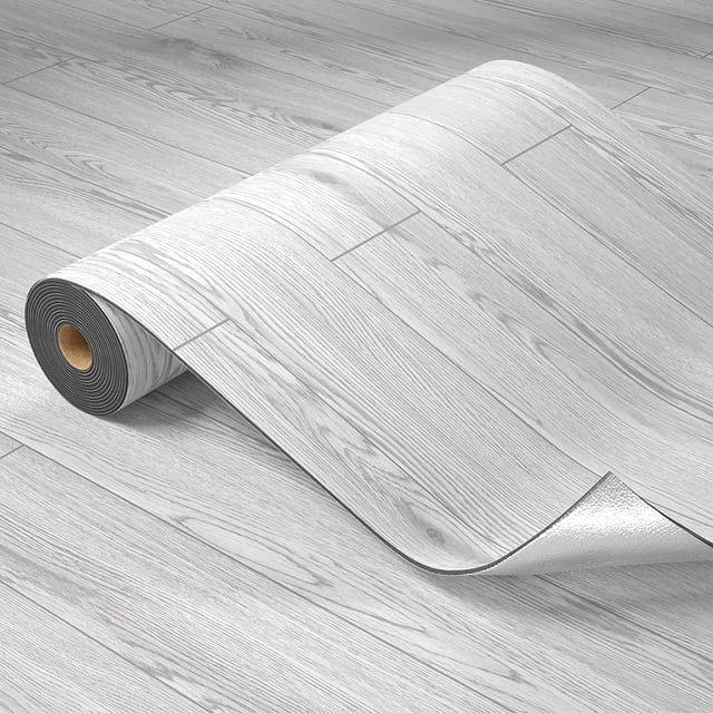 Homease Rouleau de Revêtement de Sol en Vinyle PVC Autocollant 23"x 196 Pouces/32 Pi2, Planches de Bois en Vinyle Épaisses Auto-Adhésives - Imperméable, Résistant à l'Usure, Installation Facile - Gris Clair