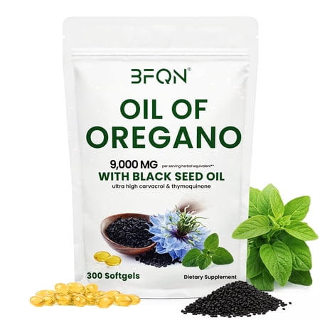 BFQN Oil of Oregano & Black Seed Oil Softgels – 9000mg Organic Herbal Supplement, 300 Softgels for Men & Women, Natural Antioxidants, Non-GMO