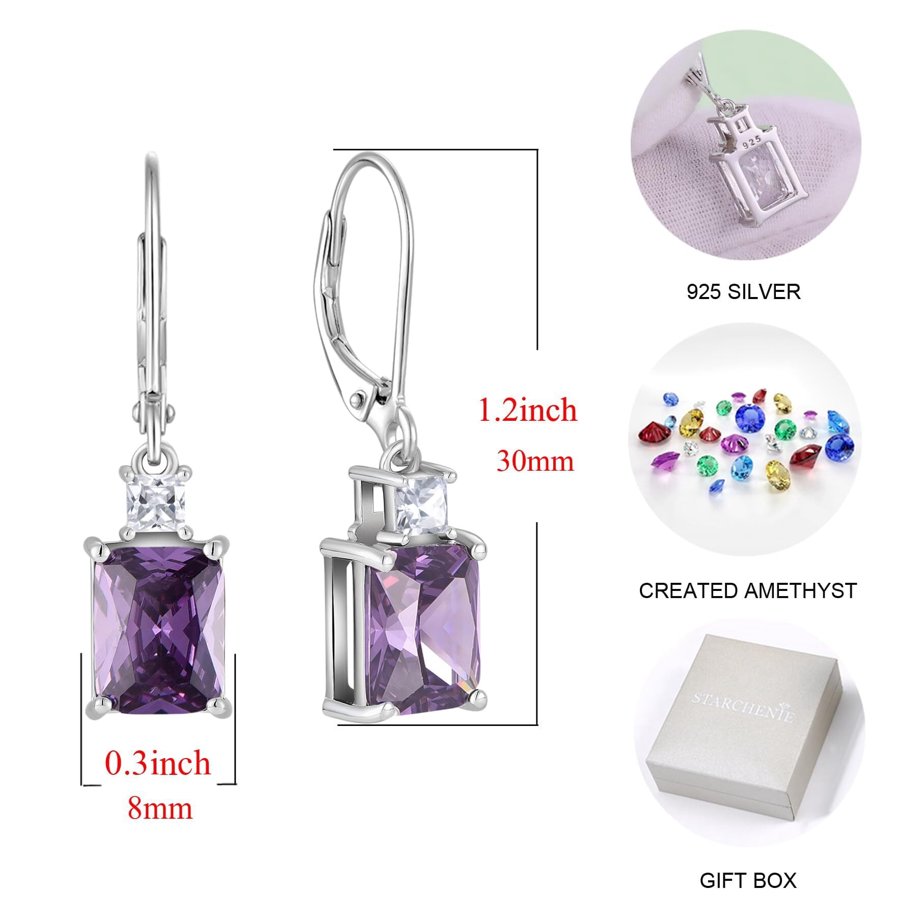 Starchenie Princess/Emerald Brilliant Cut Birthstone February Amethyst Earrings for Women Dangle Earrings Sterling Silver Leverback Earrings Birthday Anniversary Jewelry Gift