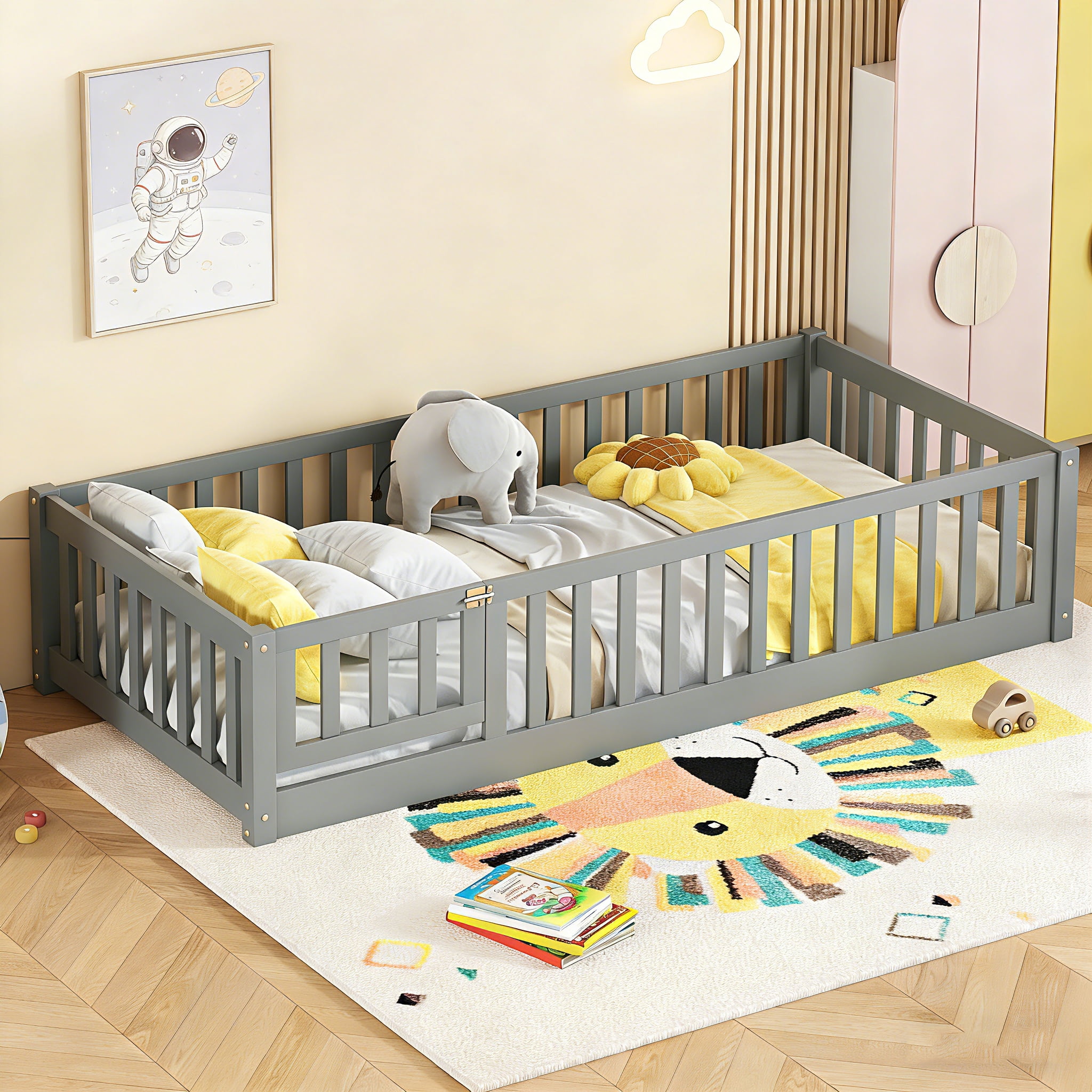 Bellemave Twin Size Floor Beds with Door, Wood Montessori Bed with Fence Railings & Support Slats, No Box Spring Needed (Gray)
