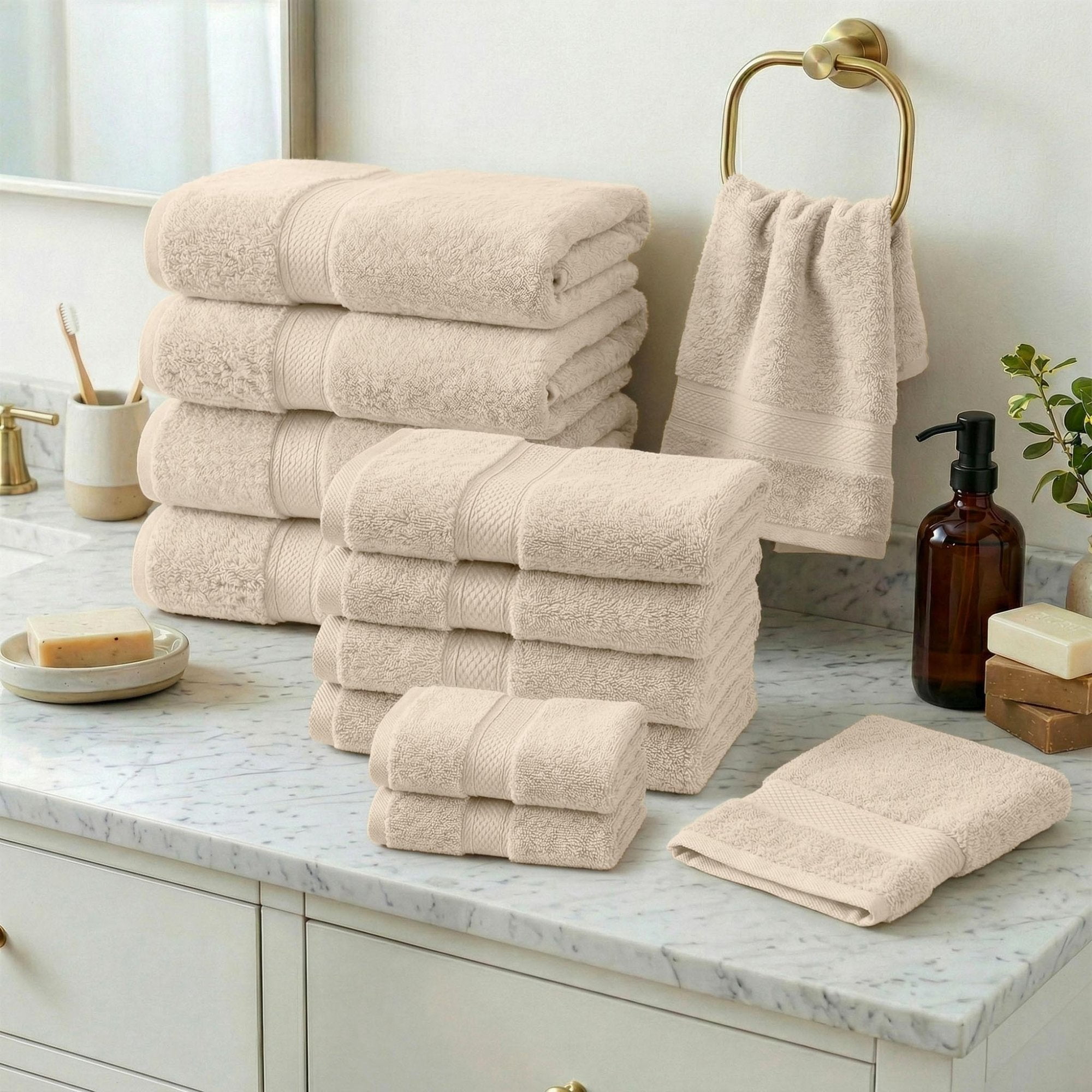 Superior Madeline Egyptian Cotton Ultra-Plush 12-Piece Towel Set, Cream