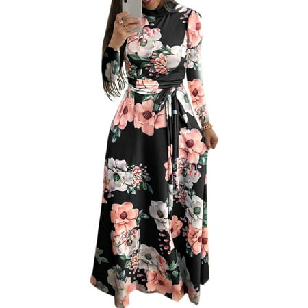 

Womens Autumn Long Sleeves Bohemian Floral Printed Floor Length Maxi Dress Turtl