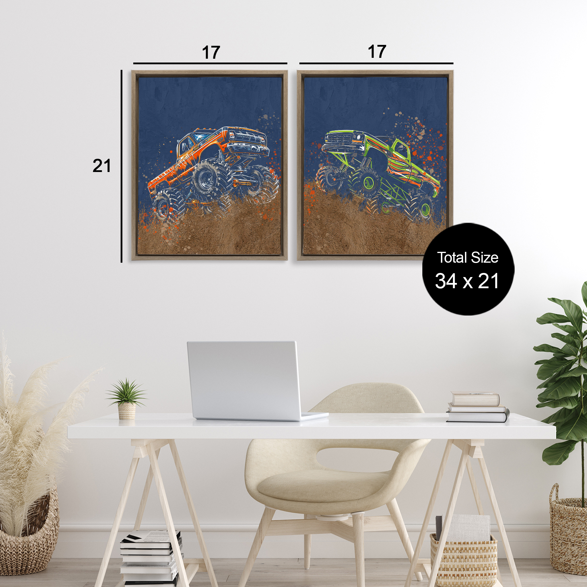 Monster Truck Jam 2 Piece Brown Framed Floater Canvas Set, design by Kim Allen