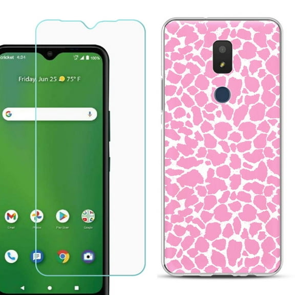 Slim-Fit TPU Fashion Phone Case for Cricket Icon 3, with Tempered Glass Screen Protector, by OneToughShield ® - Giraffe/Pink