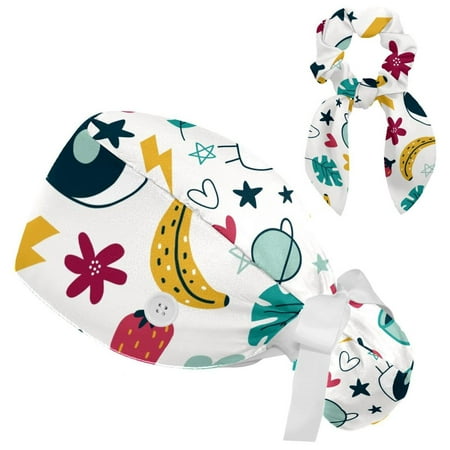 

Working Cap with Buttons and Sweatband Scrub Hat Bouffant Caps with Scrunchie Cartoon Wallpaper Tie Back Hats