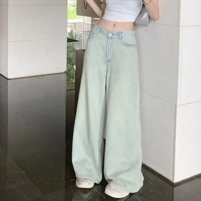 Pantalones vaqueros holgados de pierna ancha para mujer, Jeans Vintage desgastados, Color claro americano, longitud completa, Y2k, cintura baja, lavados