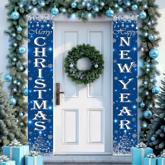 Merry Christmas Porch Sign Banner Blue Christmas Front Door Banners Happy New Year Porch Banners Hanging Decorations Christmas Tree Snowflake Banner Xmas New Year Photo Booth Props Holiday Party