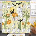thumbnail image 1 of Cheerful Halloween Shower Curtain - Pumpkins, Ghosts, Bats & Witch Design, 1 of 5
