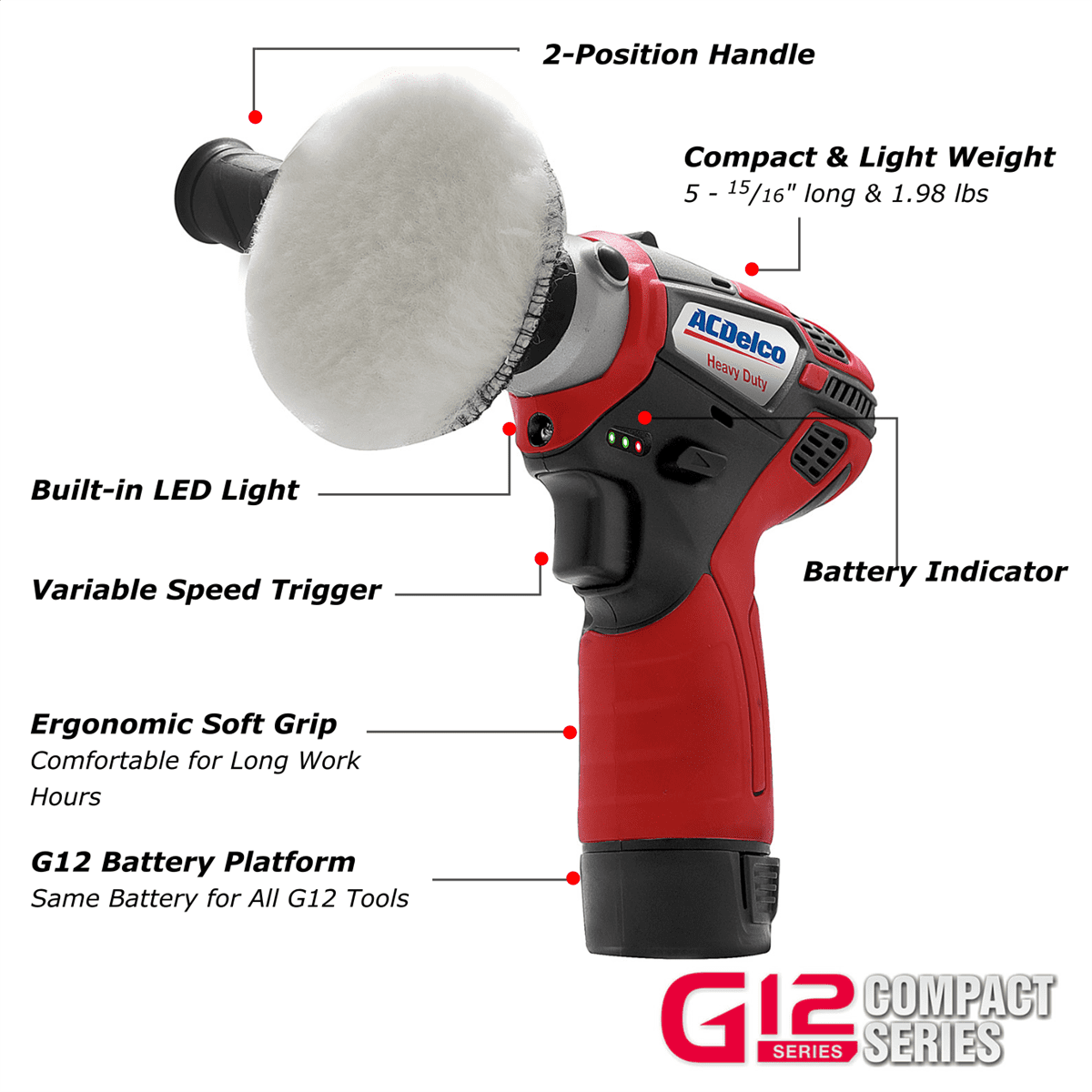 ACDelco ACDelco G12 Series 12V Cordless Li-ion 3" Mini Polisher, 3/8"? Impact & Ratchet Wrench Combo Tool Kit with 2 Batteries