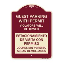 SignMission Designer Series Sign - Guest Parking with Permit Violators Will Be Towed Estacionamento De Visita Con Permiso Coches Sin Permiso Seran Remolcadoa | Burgundy 18" x 24"