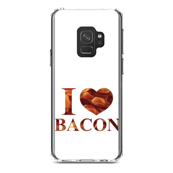 DistinctInk Clear Shockproof Hybrid Case for Samsung Galaxy S9 (5.8" Screen) - TPU Bumper, Acrylic Back, Tempered Glass Screen Protector - White Bacon Writing I Heart Bacon - Bacon