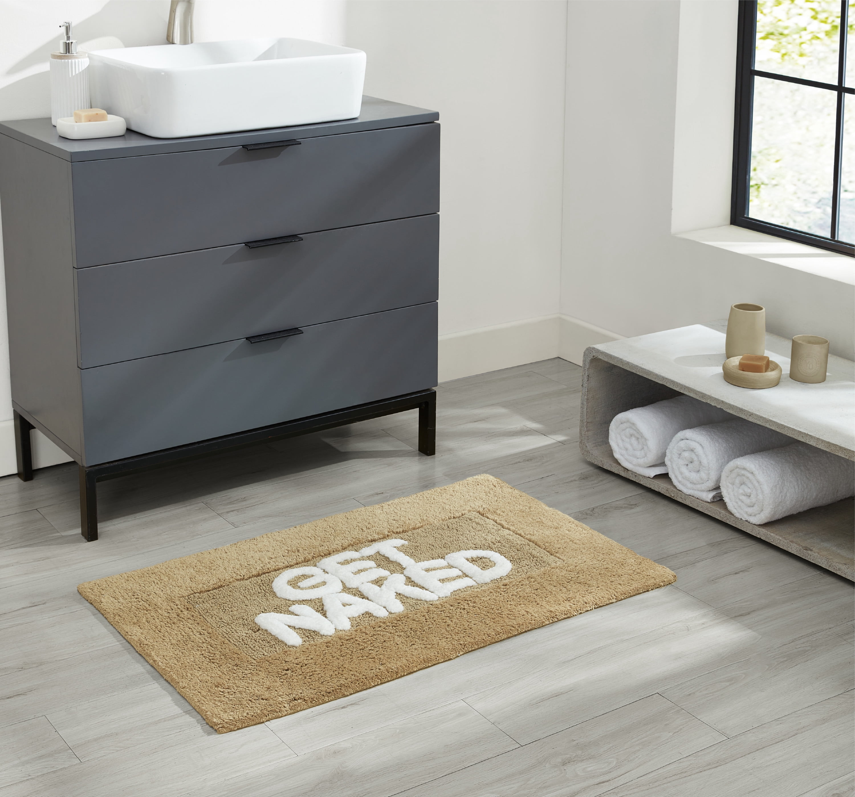 Jean Pierre "Get Naked" 21"x34" Cotton Bath Rug, Linen