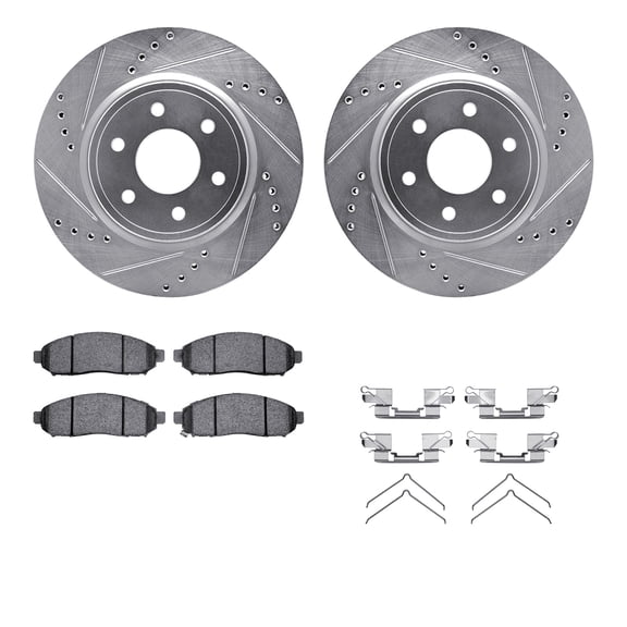 Dynamic Friction Company Front Brake Rotors-Drilled and Slotted-Silver with 5000 Advanced Brake Pads includes Hardware 7512-67107
