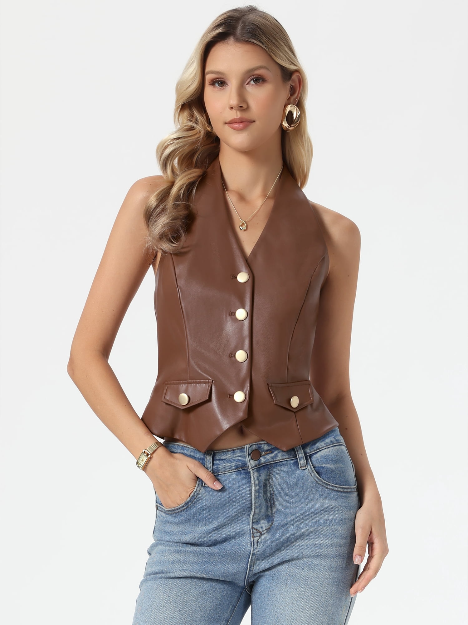 DARING DIVA Women's Faux Leather Vest Button Down V Neck Halter Vest L Brown