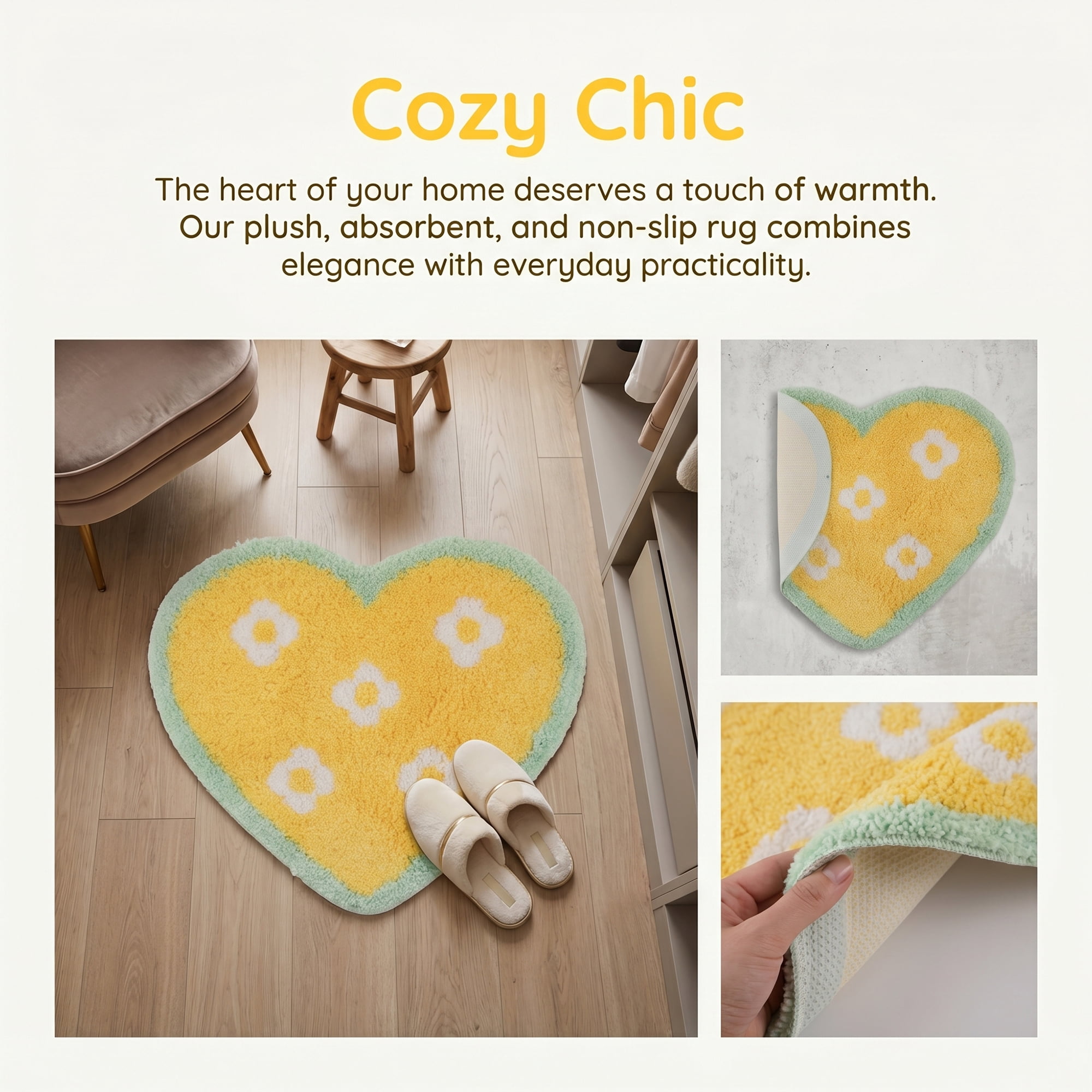 Unique Bargains Small Heart Rug Non-Slip Soft Shaggy Faux Fur Area Rug 19" x 16" Yellow