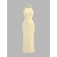 thumbnail image 7 of Light Yellow Halter Neck Knit Bodycon Maxi Dress With Striped Texture, 7 of 7