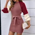 thumbnail image 6 of Women Colorblock Slim-Waist Knitted Bodycon Long Sleeve Fall Winter Casual Elegant Midi Sweater Dress Brick Red M, 6 of 9