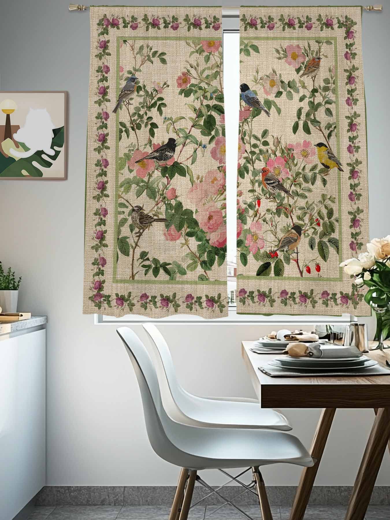 Spring Sheer Curtains 2 Panels Set Oriental Traditional Ethnic Floral Birds Retro Linen Sheer Window Curtains Light Filtering Rod Pocket Voile Drapes for Bedroom Living Room 52"X72"