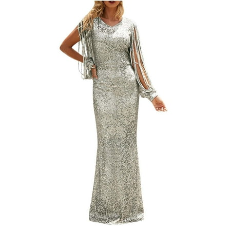 

jsaierl Sequin Dress for Women V-Neck Fringe Long Sleeve Maxi Dresses Bodycon Formal Prom Elegant Dress Evening Party Club Date Night Sparkly Dress
