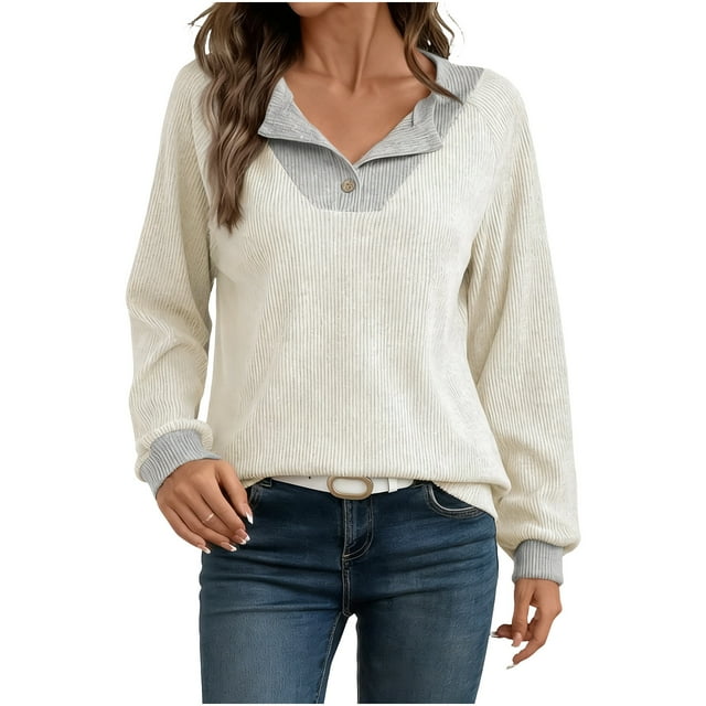 HAiming Women's Splicing Tops Button V-Neck Casual Long Sleeve Color Block Pullover Shirt Blouse Trendy Clothes