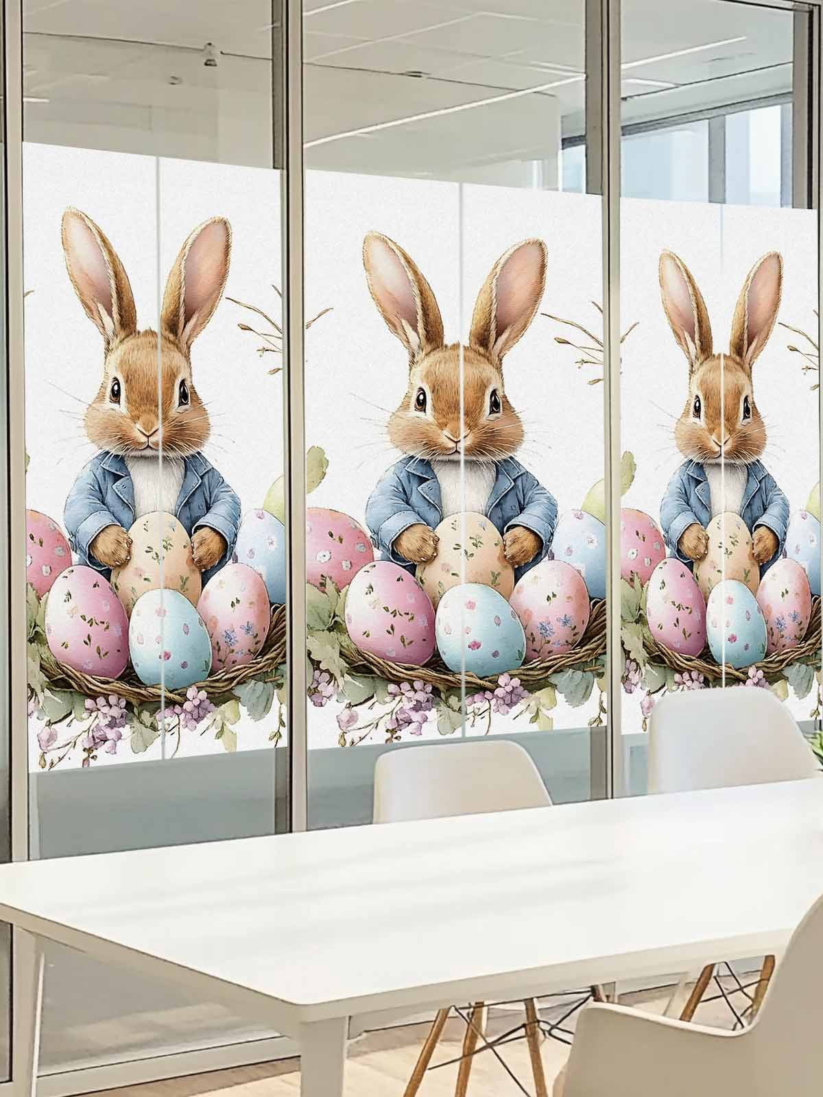 Easter Bunny Window Privacy Film, Funny Rabbit Pink Blue Green Eggs Spring Floral Leaf Frosted Glass Window Clings Static Cling UV Heat Blocking Reusable Door Sticker for Bedroom 23.6x59 Inch