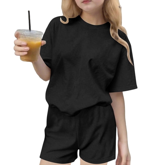 Ensemble T-Shirt et Short pour Filles, Haut à Col Rond Uni à Manches Courtes et Short, Tenue de Sport Décontractée Deux Pièces pour Enfants