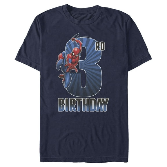 Men's Marvel Spider-Man Swinging 3rd Birthday Graphic Tee Navy Blue Large