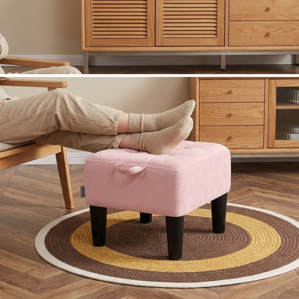 Ledrem Small Ottoman Foot Stool with Thick Cushion and Sturdy Angled Legs, Jelly Pink
