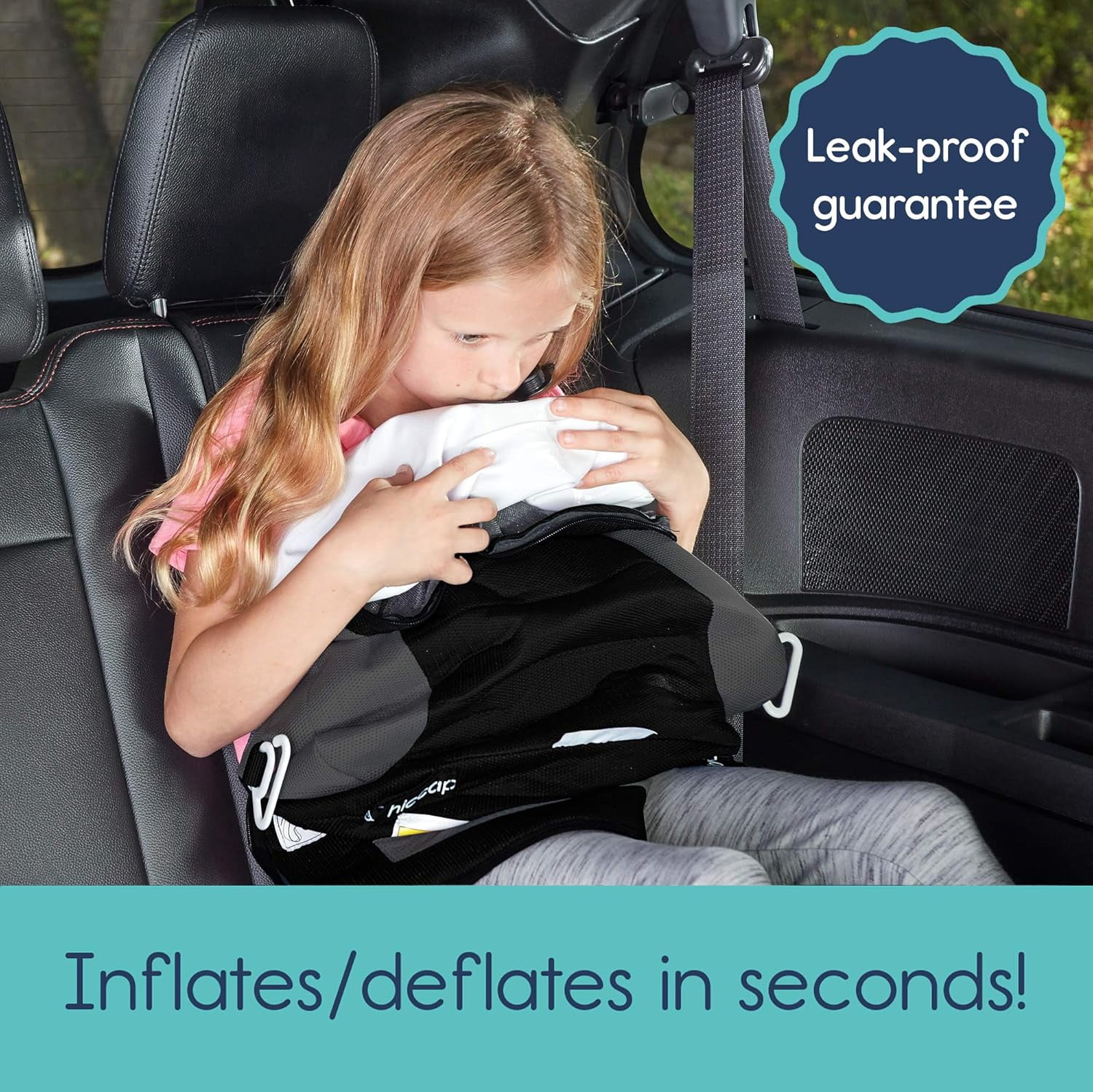 Backless Booster Car Seat, Portable Inflatable Booster Seat with Buckle & Washable Cover,Blow up Breathable Cushion for Travel Outdoor