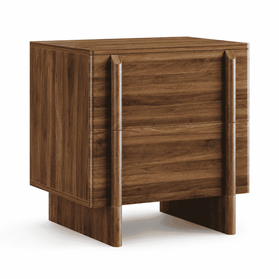 TOPNEST 2-Drawer Nightstand, Walnut Mid-Century Modern Bedside Table with Rounded Corners, Integrated Wood Handles & Wooden Legs, Compact Storage Cabinet for Bedroom and Living Room