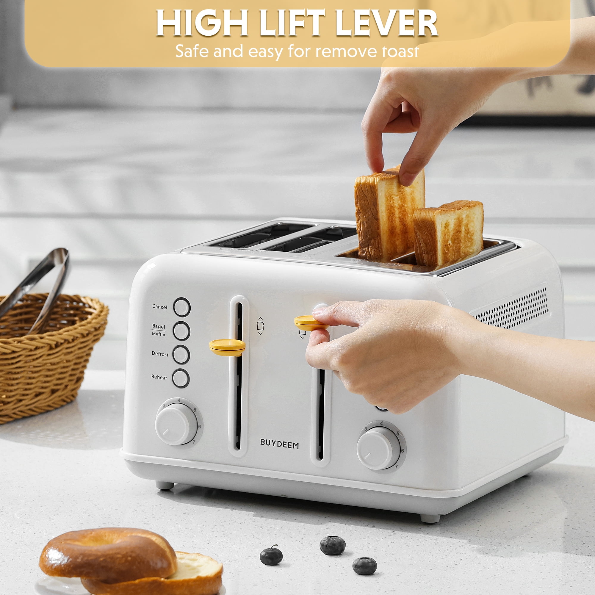 BUYDEEM DT640 4 Slice Toaster, Extra Wide Slots, Retro Stainless Steel with High Lift Lever, Bagel and Muffin Function, Removal Crumb Tray, 7-Shade Settings (Arctic White, 4-Slice)