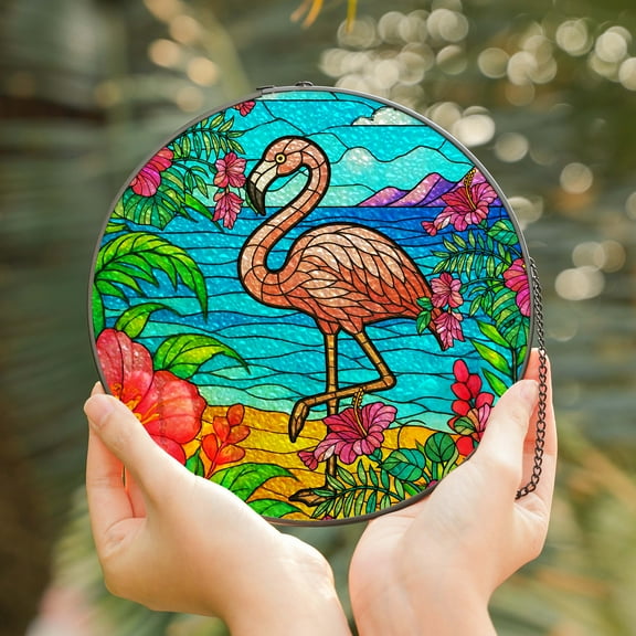 Lotusprinthandmade Flamingo Lovers Stained Glass Suncatcher for Window Hanging Cir4in