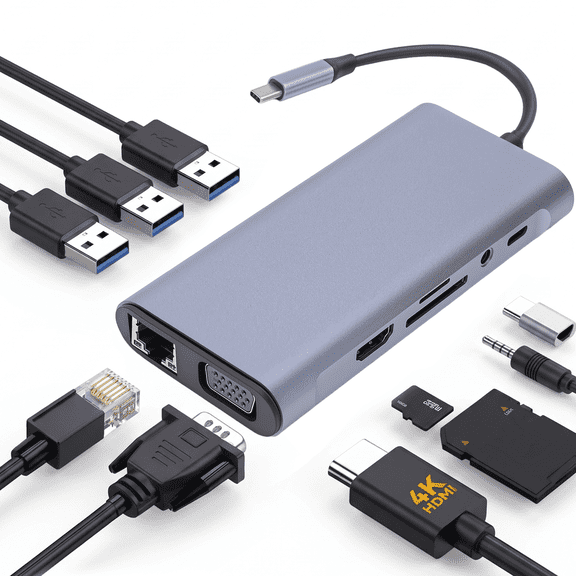 11 in 1 USB C Hub Multiport Adapter, USB C Docking Station with 4K HD-MI, VGA 1080P, 100W PD, Ethernet, SD/TF, Audio, USB 3.0 Port, Laptop Dock for MacBook Pro/Air, iPad, Windows
