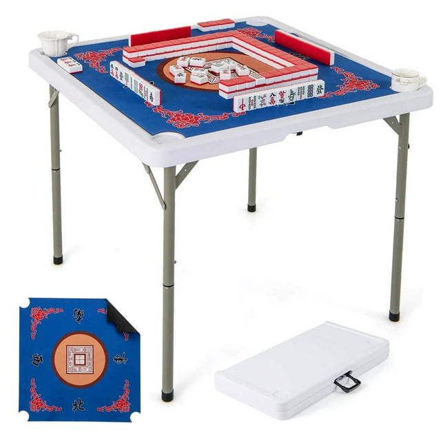 Costway 35" Folding Mahjong Table with Cup Holders & Smooth Felt Mat Carrying Handle Blue