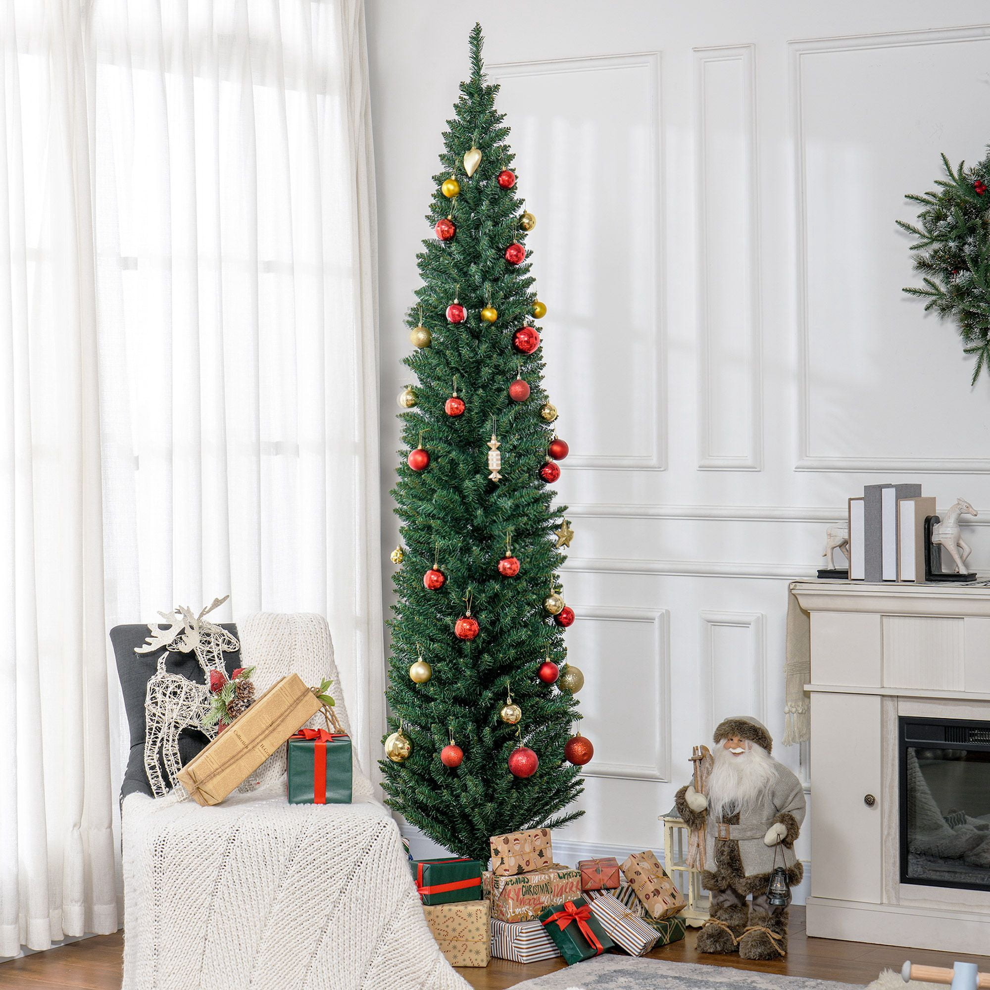 Unlit Pencil Artificial Christmas Tree, 8 ft Slim Tree with 618 Tips and Plastic Base, Space-Saving Holiday Decor for Small Rooms and Apartments