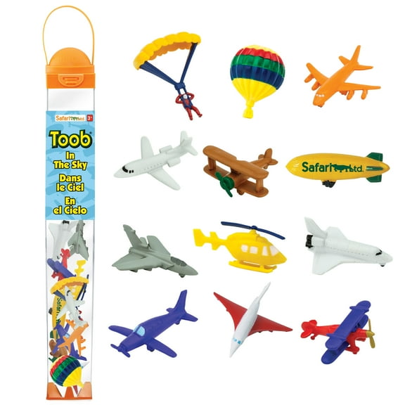 Safari Ltd. In The Sky TOOB - 12 Mini Figurines: Jets, Biplane, Parachutist, Blimp, Concorde, Planes, Helicopter, Space Shuttle, Hot Air Balloon - Educational Toys for Boys, Girls & Kids Ages 3 