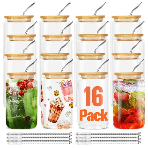Juego de vasos para beber ASKIZ, vasos de vidrio con tapas de bambú, 480 ml