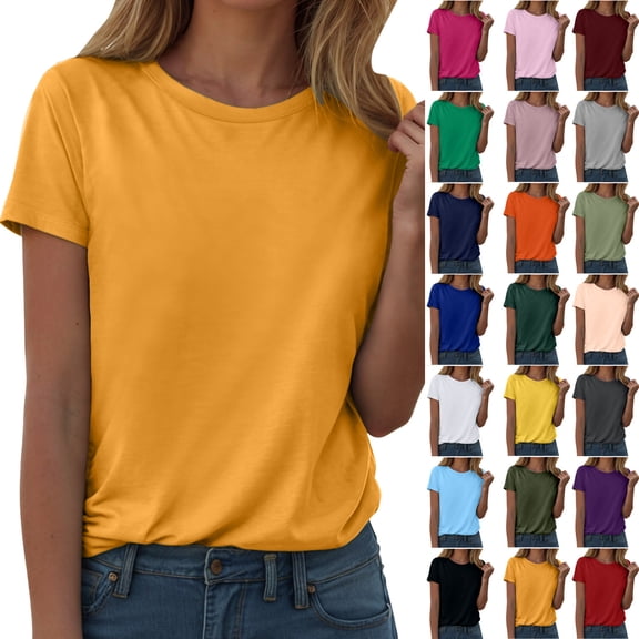 GEWSEY Women's Summer Short Sleeve Crewneck T Shirts Solid Color Tees Casual Basic Tops (White, L)