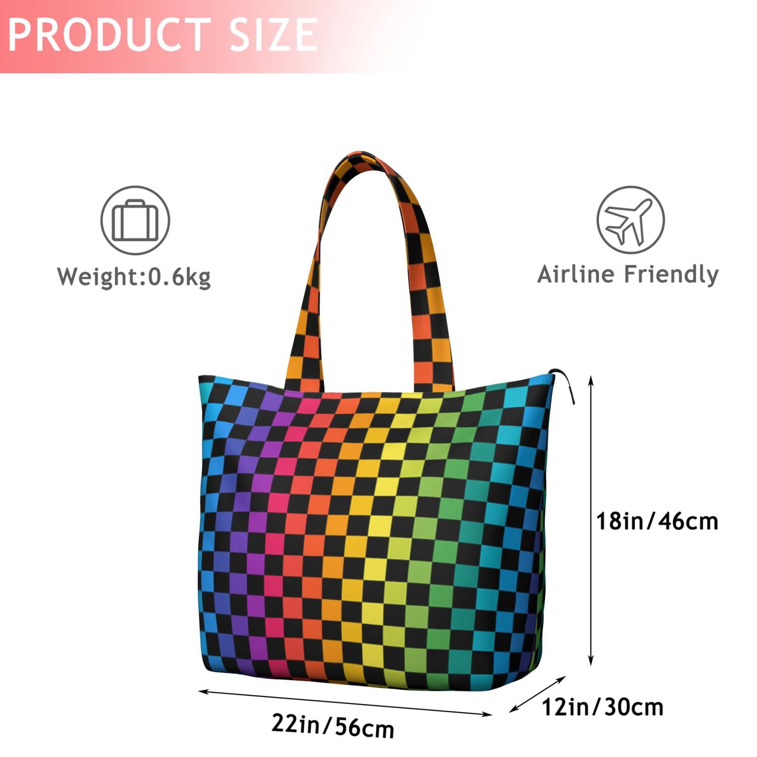 Rainbow Checkered Pattern Travel Tote Bags for Women Carry On,Large Weekender Bags for Women Travel,Multi Functional Duffle Bag for Work,Shopping,Sports