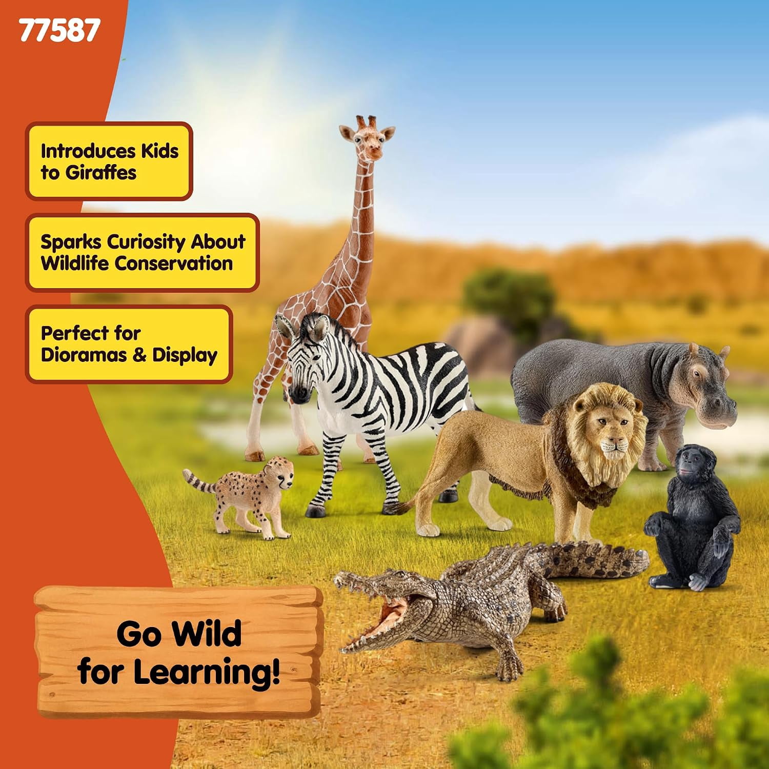 schleich Wild Life - 7 PC Savannah Animal Figurine Bundle with Lion, Giraffe, Zebra and Hippo Toys for Kids Ages 3+